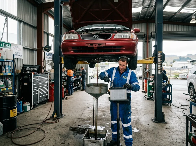 #1 Car Wreckers Napier: Easy Wrecking & Recycling Napier 2 Automotive technician draining fluids and removing battery safely during car wrecking process in Napier