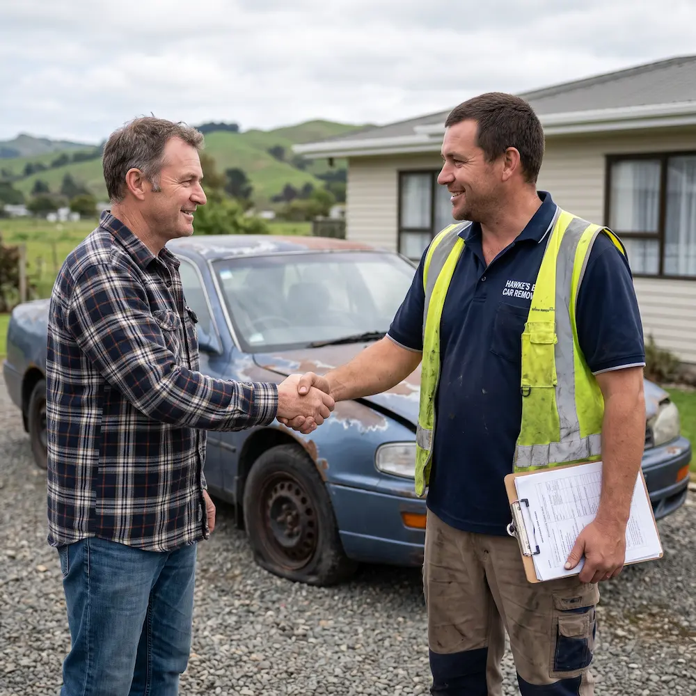 Scrap Car Removal Napier| Free Pickup, Instant Cash 2 Eco Car Removal team member assessing a scrap car and shaking hands with owner in Napier