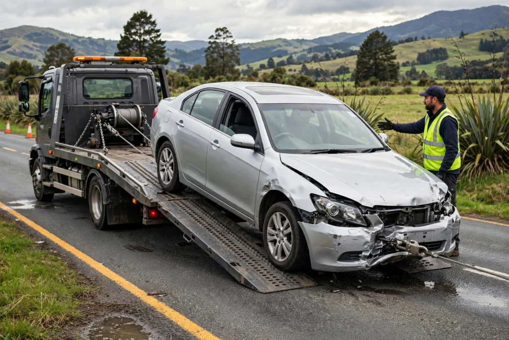 Towing Service in Napier: Best 24 Hour Roadside Towing Napier 2 Accident recovery towing service in Napier loading a damaged car onto a flatbed