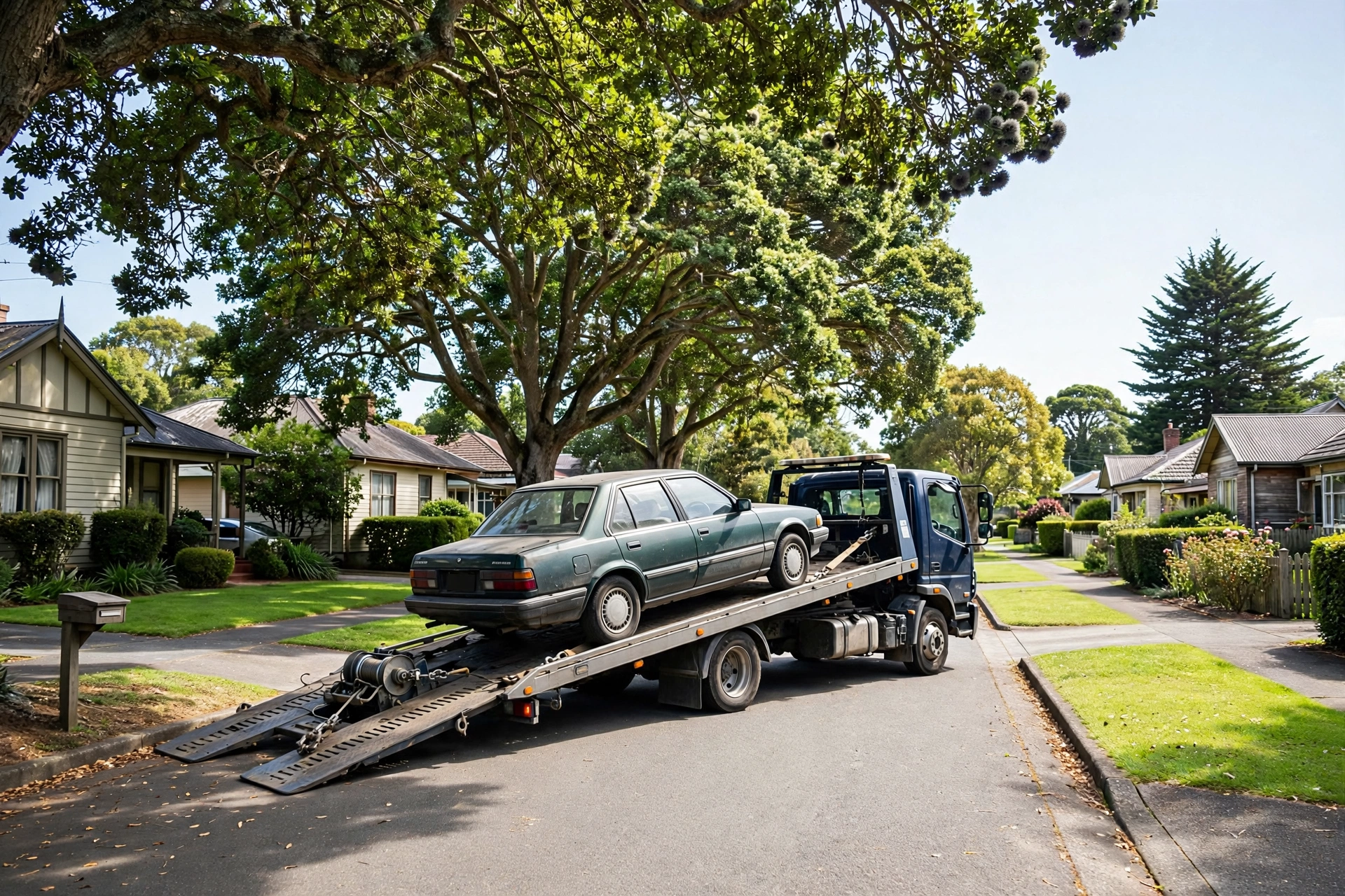 Car Removal Greenmeadows: Cash for Cars, Free Pickup 3 Tow truck loading an old sedan on a suburban street