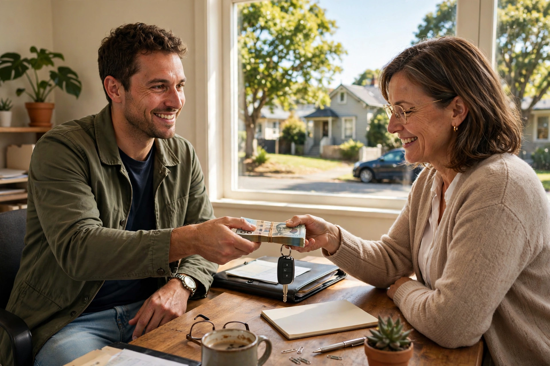Car Removal Greenmeadows: Cash for Cars, Free Pickup 2 Cash for cars in Greenmeadows — buyer handing over cash and car keys