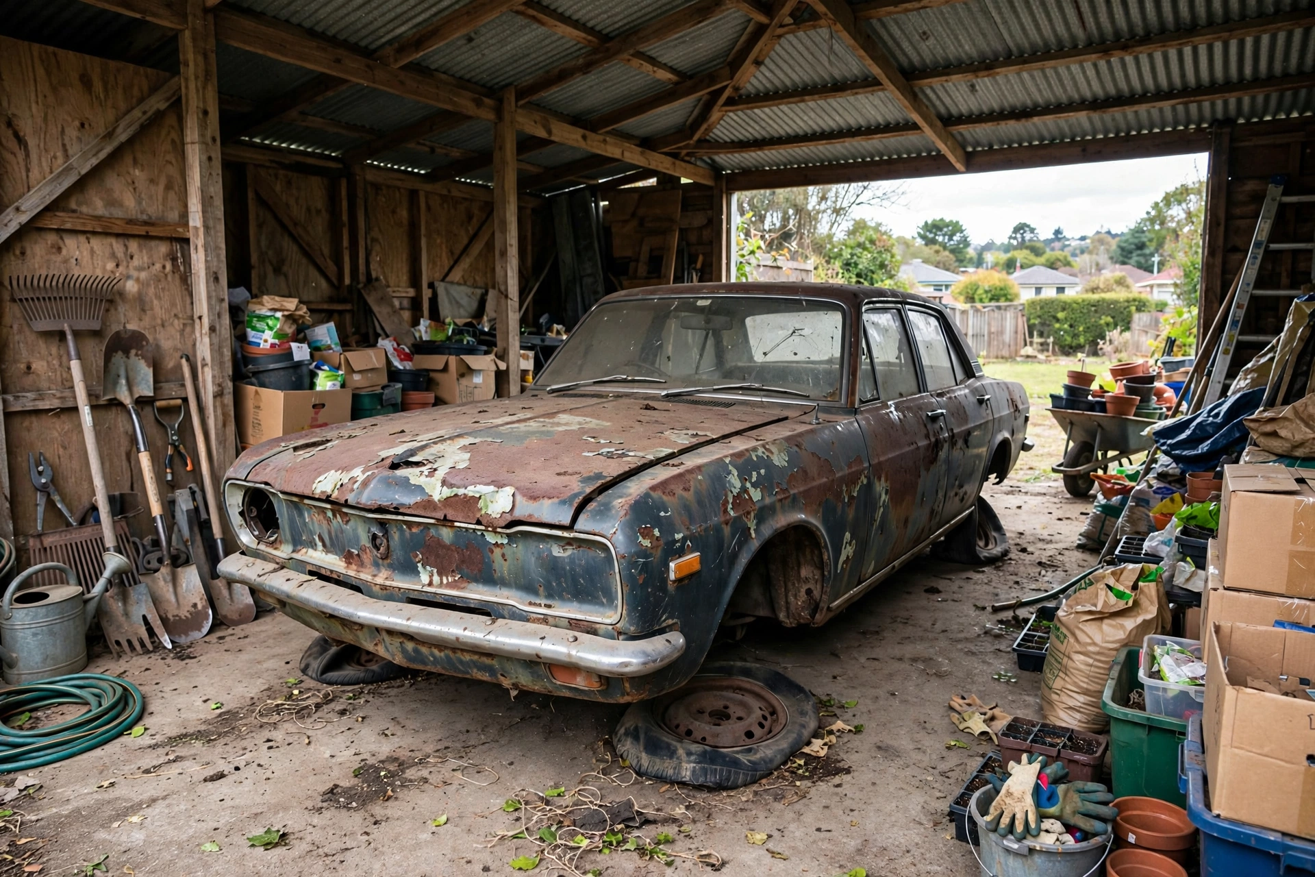 Car Removal Greenmeadows: Cash for Cars, Free Pickup 4 Rusty old car with flat tyres in a suburban backyard