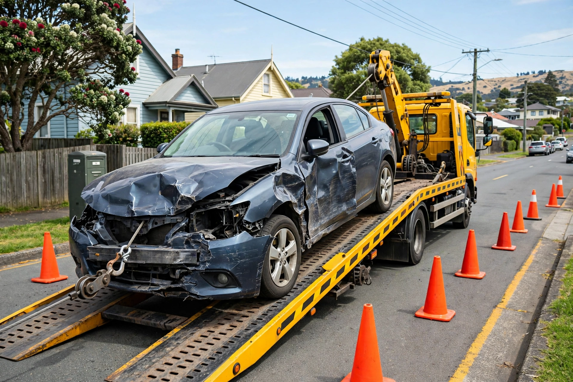 Car Removal Greenmeadows: Cash for Cars, Free Pickup 5 Wrecked car removal in Greenmeadows — damaged car winched onto a flatbed