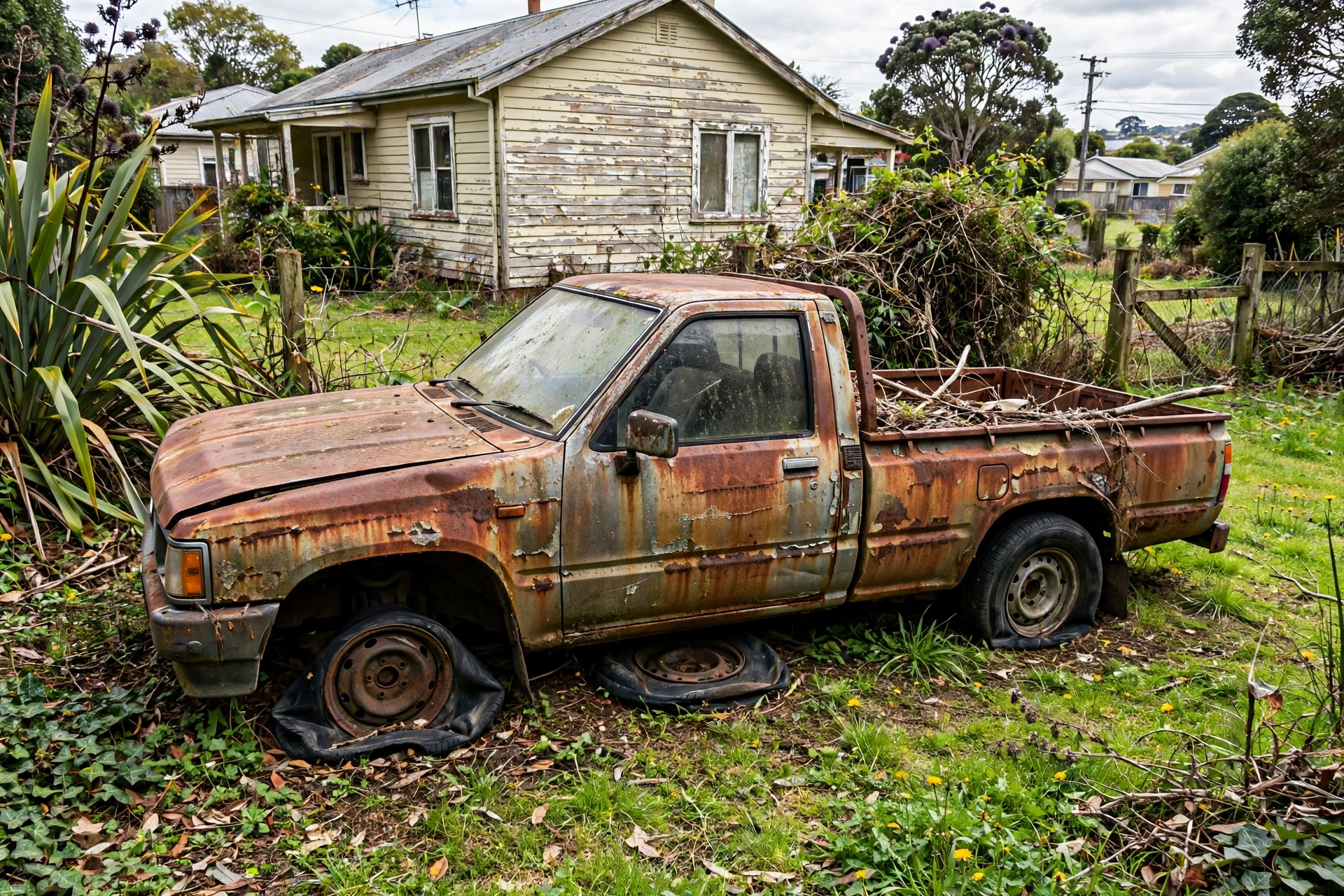 Car Removal Marewa: Cash for Cars, Free Local Pickup 4 Rusty old car with flat tyres in a suburban backyard