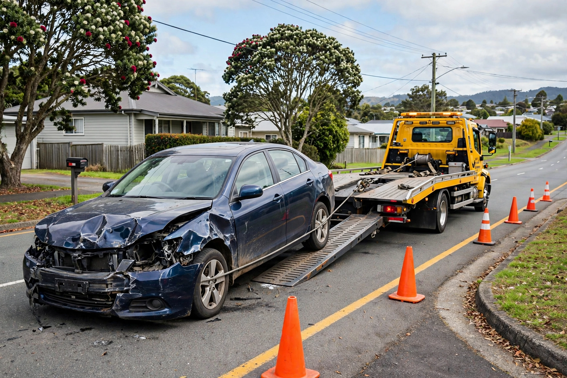 Car Removal Marewa: Cash for Cars, Free Local Pickup 5 Wrecked car removal in Marewa — damaged car winched onto a flatbed
