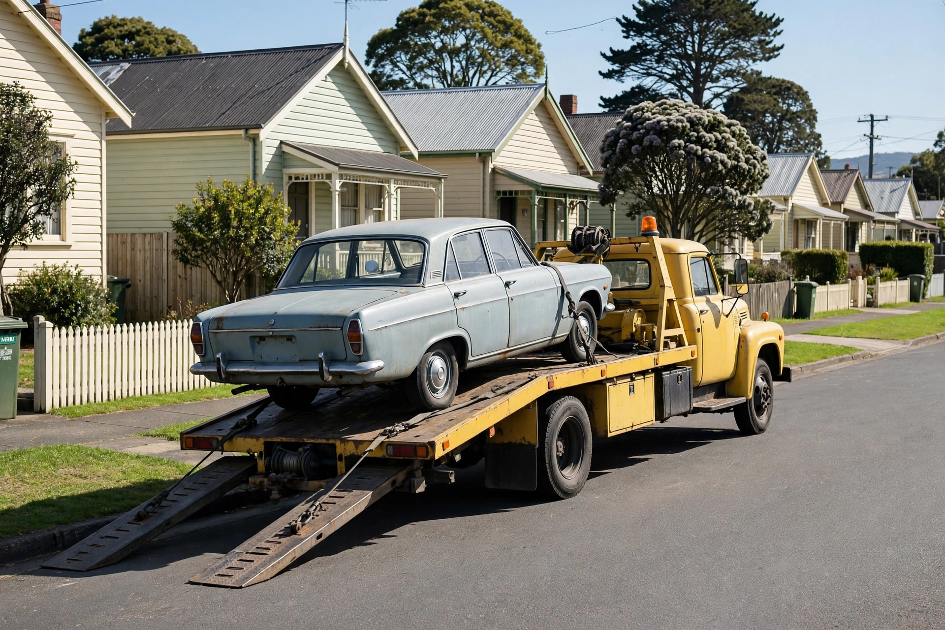 Car Removal Onekawa: Cash for Cars, Free Local Pickup 3 Car removal service Onekawa - tow truck loading car on suburban street