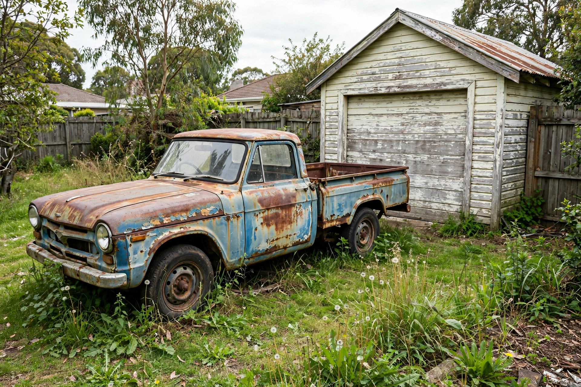 Car Removal Onekawa: Cash for Cars, Free Local Pickup 4 Scrap car removal Onekawa - old rusty ute in suburban backyard