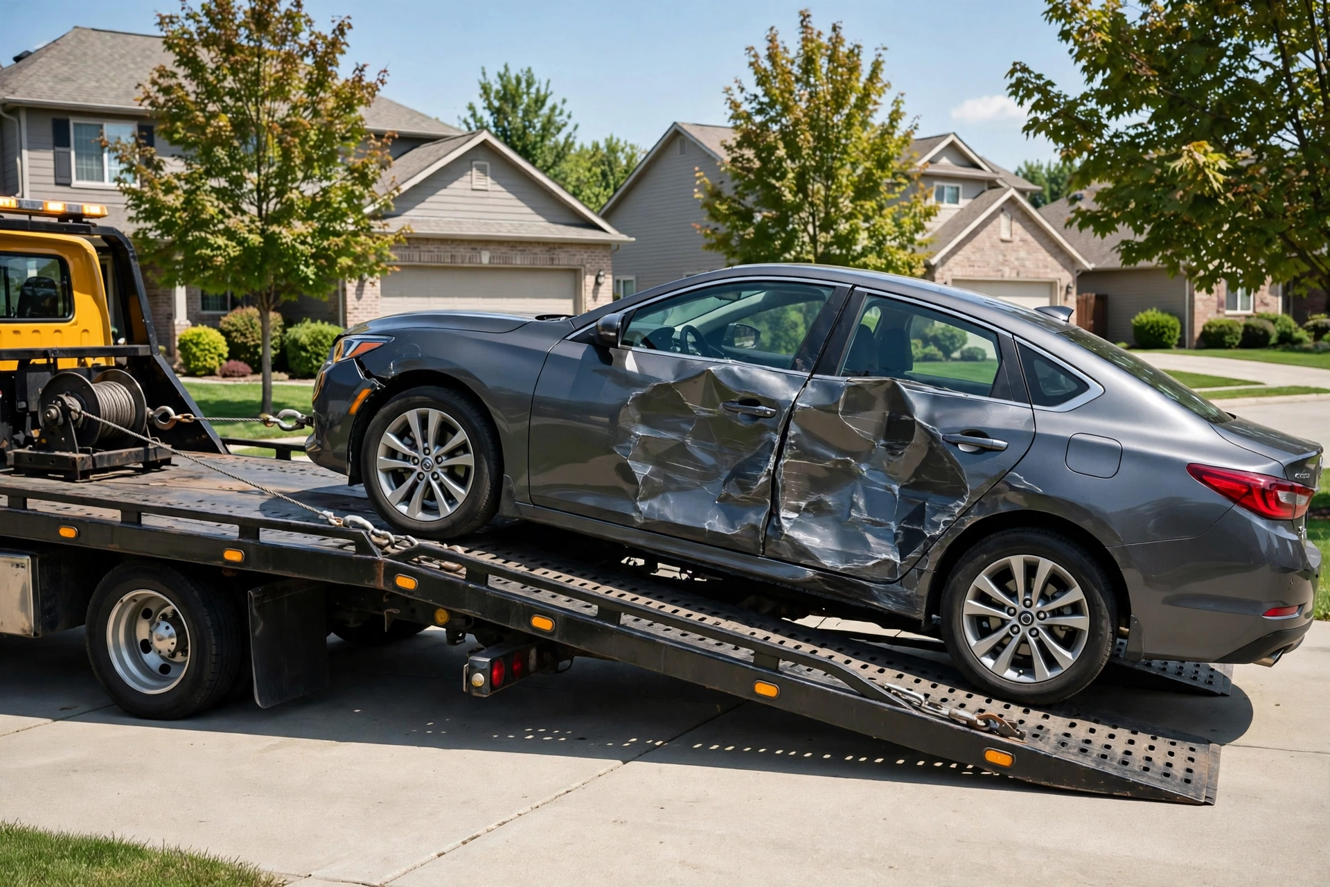 Car Removal Onekawa: Cash for Cars, Free Local Pickup 5 Wrecked car removal Onekawa - damaged car being loaded onto flatbed tow truck