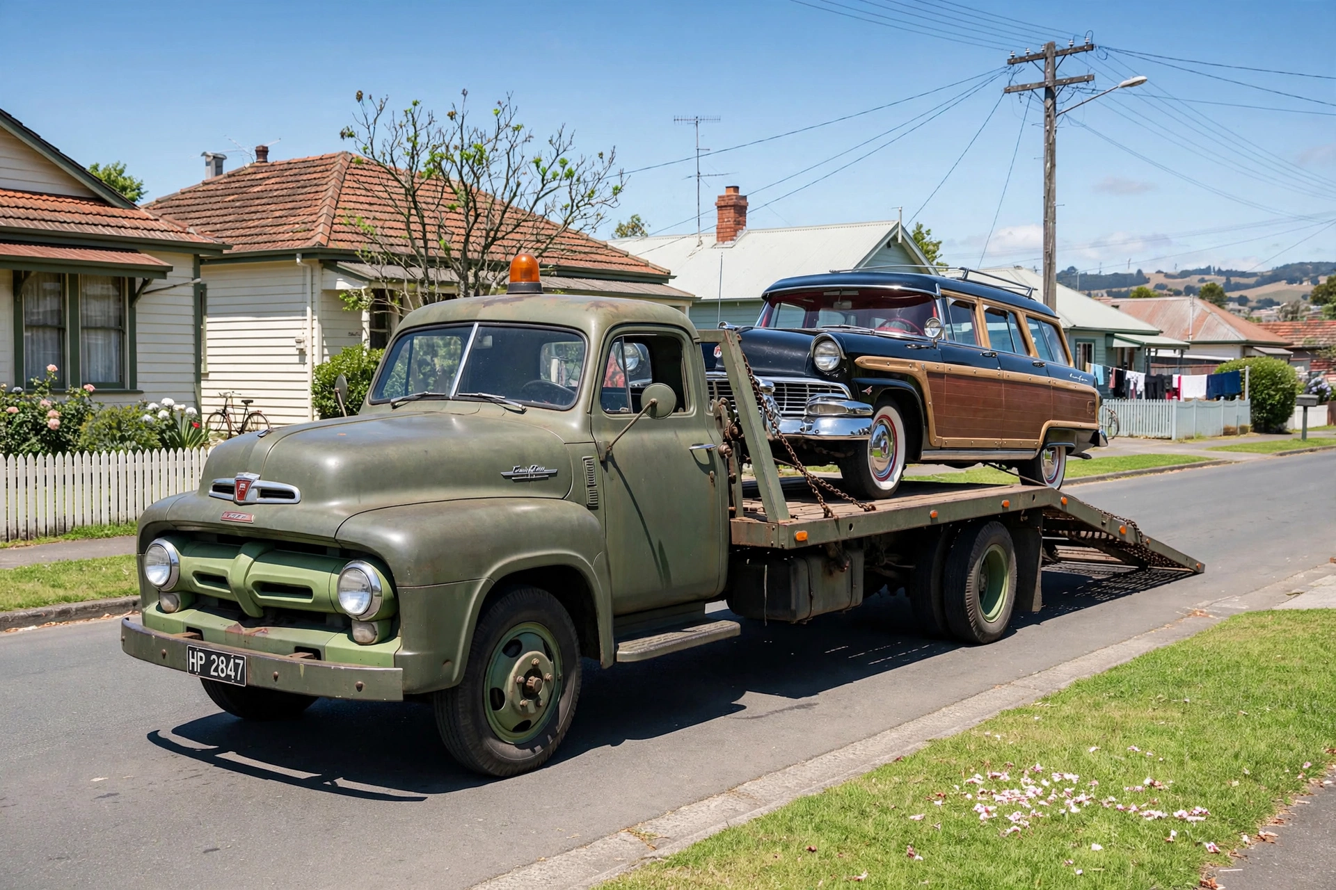 Car Removal Tamatea: Cash for Cars, Free Local Pickup 3 Tow truck loading an old sedan on a suburban street