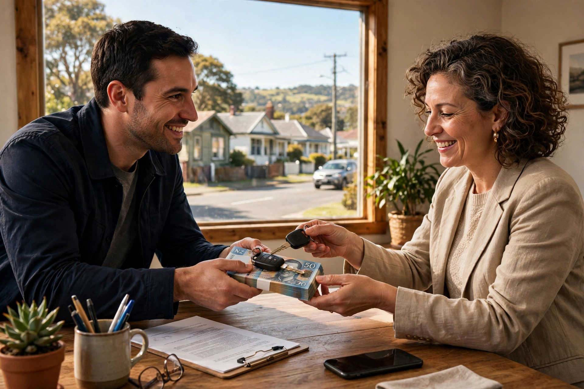 Car Removal Tamatea: Cash for Cars, Free Local Pickup 2 Cash for cars in Tamatea — buyer handing over cash and car keys