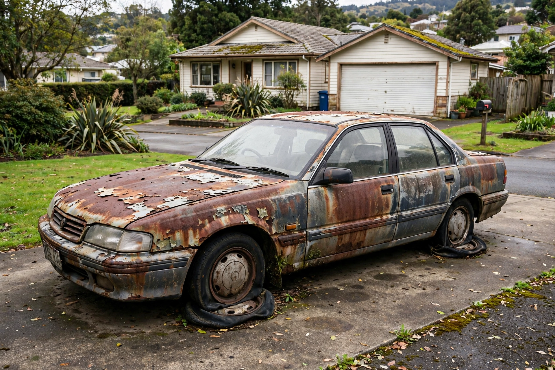 Car Removal Tamatea: Cash for Cars, Free Local Pickup 4 Rusty old car with flat tyres in a suburban backyard