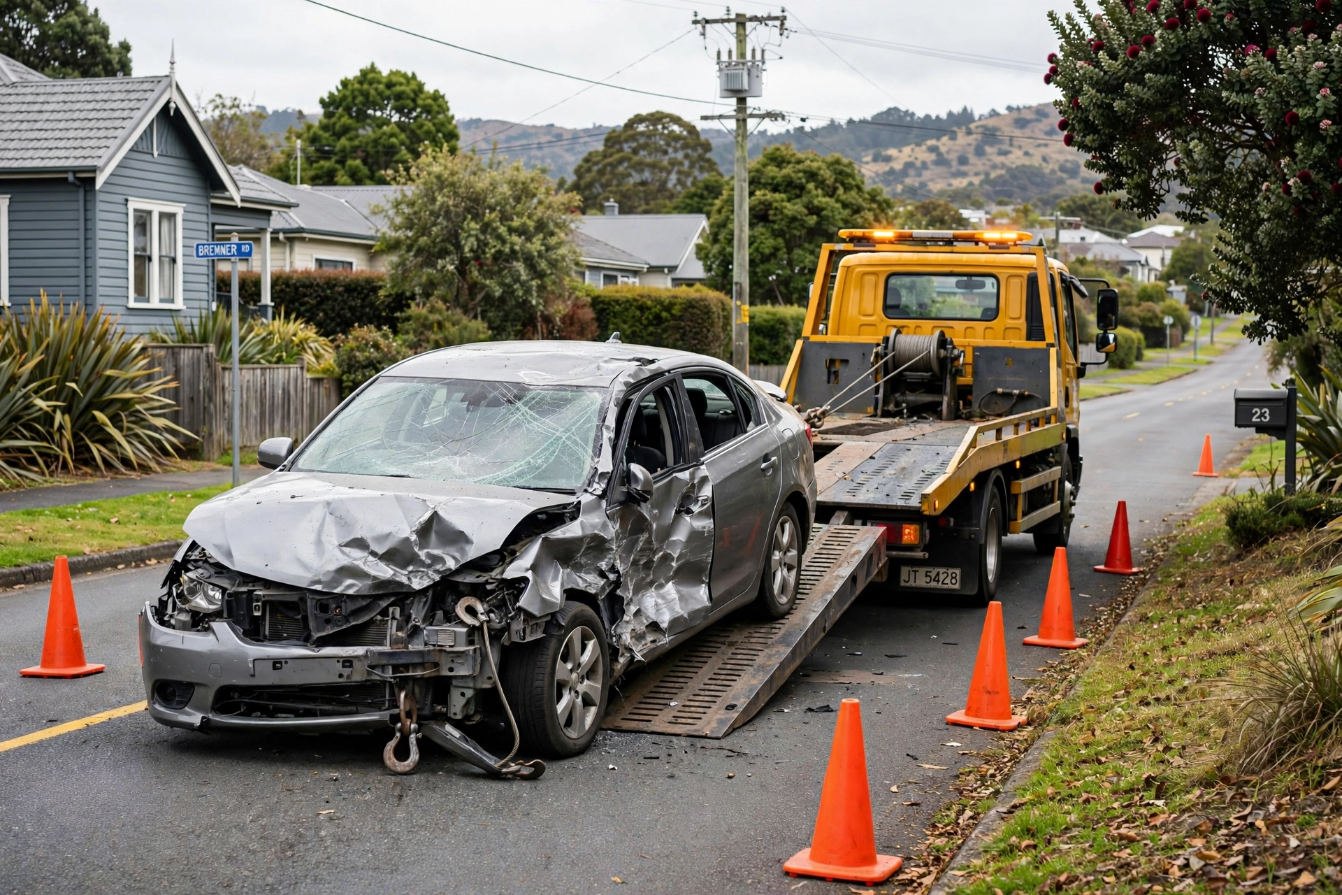 Car Removal Tamatea: Cash for Cars, Free Local Pickup 5 Wrecked car removal in Tamatea — damaged car winched onto a flatbed